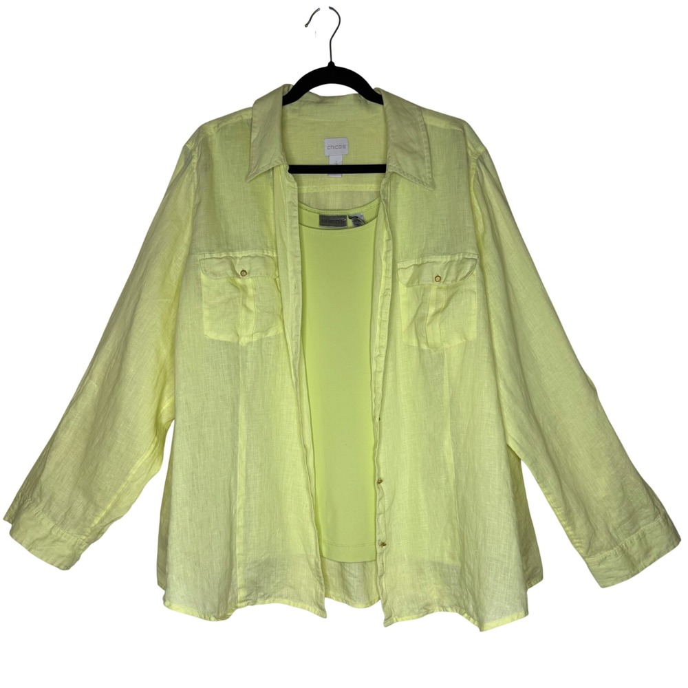 Chico's Blouse And Tank Set Chartreuse Green Linen Sz 2X(4) Resortwear Coastal
